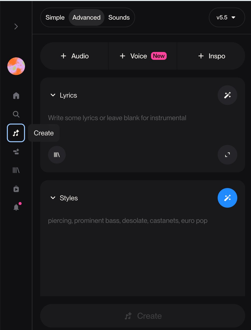 Suno Advanced mode with Lyrics and Styles fields